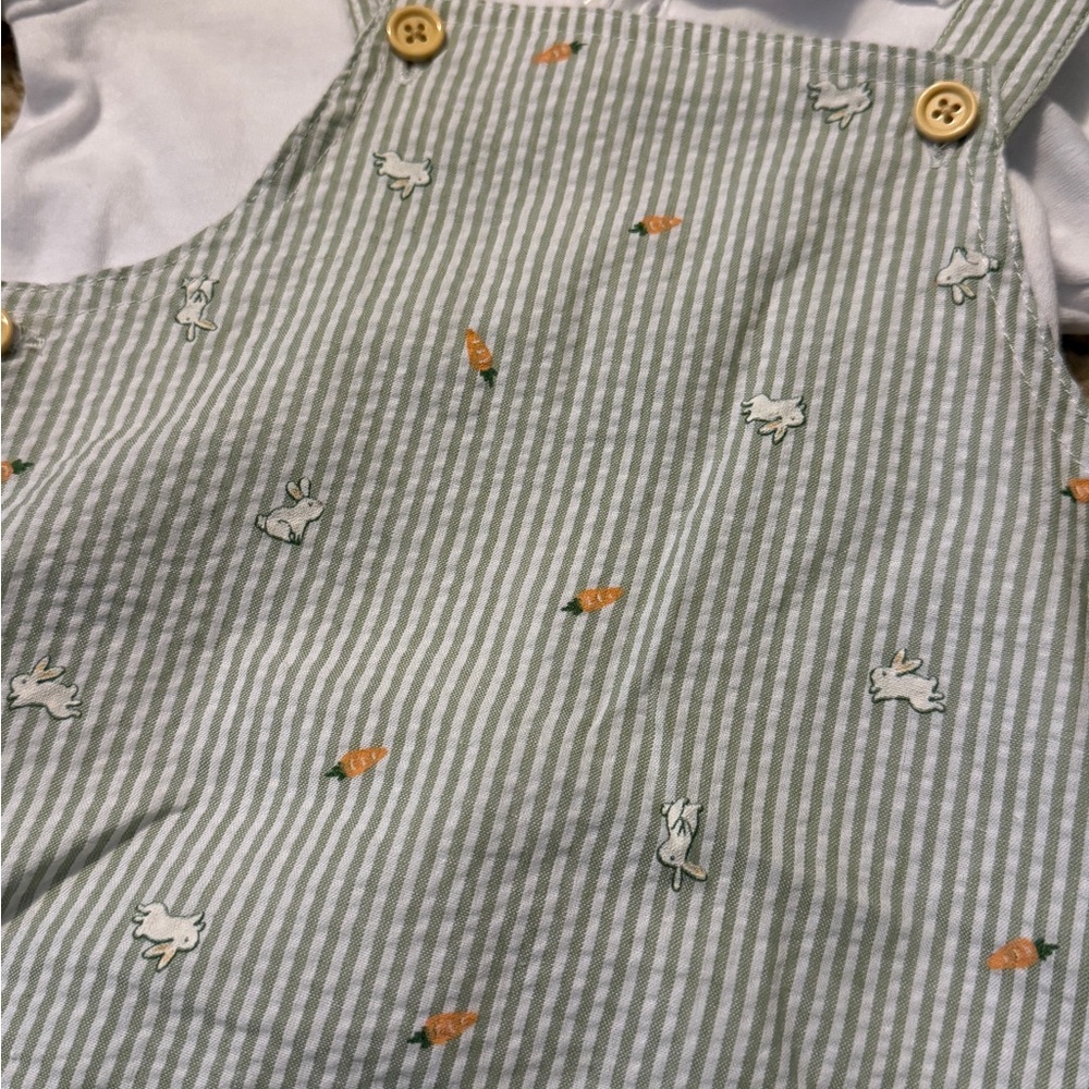 Baby Essentials NWOT Green Striped Bunny Overalls Romper with White Shirt, 12m - Picture 2 of 6